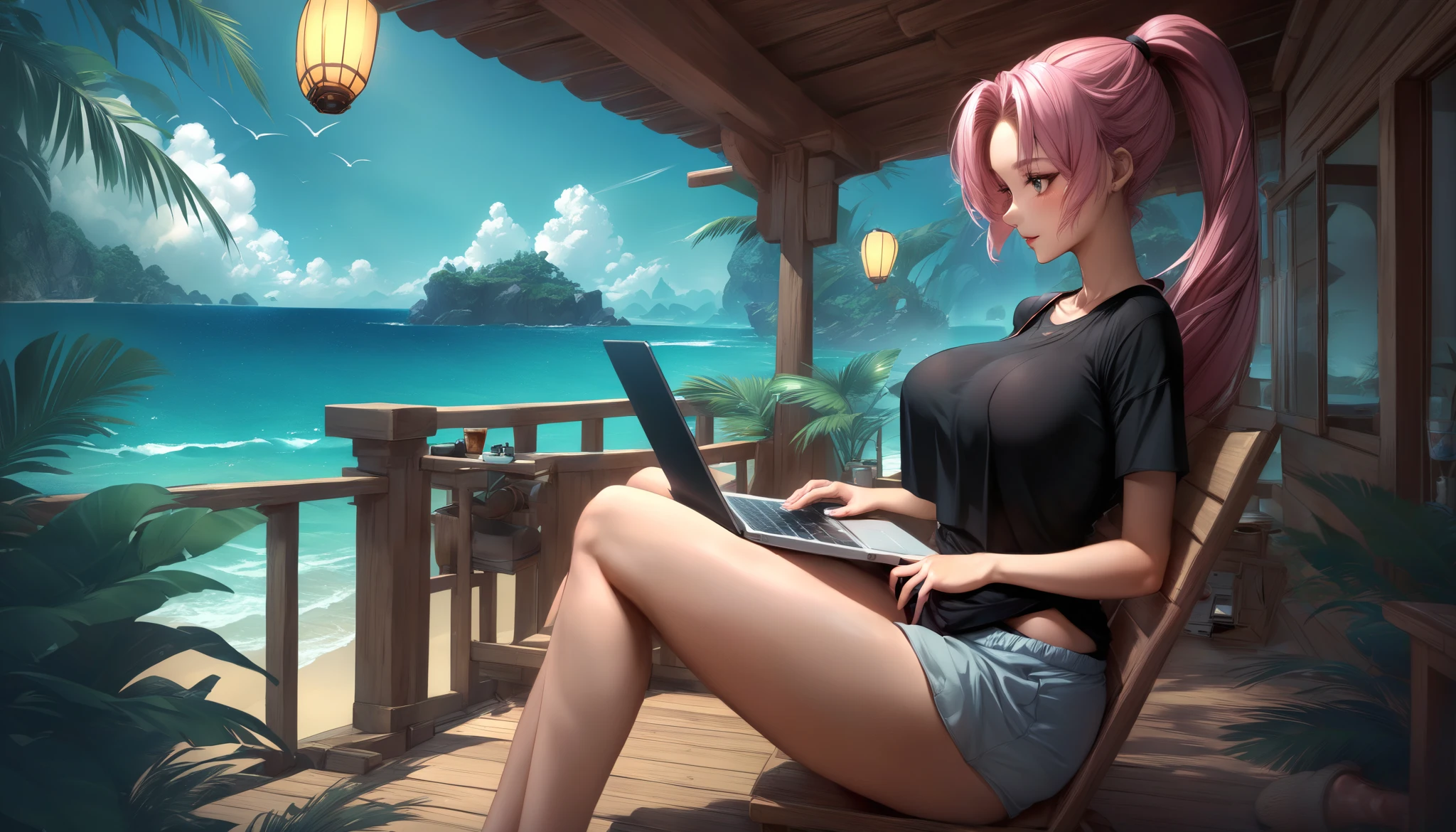 "A woman med boobs with pastel green and pink hair tied in a ponytail sits barefoot on a bamboo chair on a rooftop balcony overlooking a tropical island. She is dressed in a black tank top and loose beach shorts, typing on her laptop. A cup of coffee sits nearby, and the distant sound of waves reaching the shore blends with the gentle rustling of palm trees. The sky above is filled with stars, and the warm glow of lanterns on the balcony adds to the peaceful, island-night ambiance."