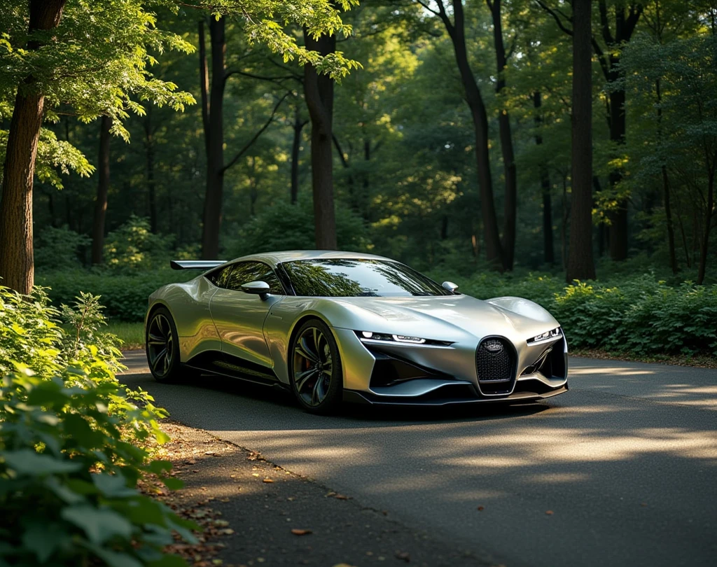 Future silver car parked on a vacant lot in the forest.