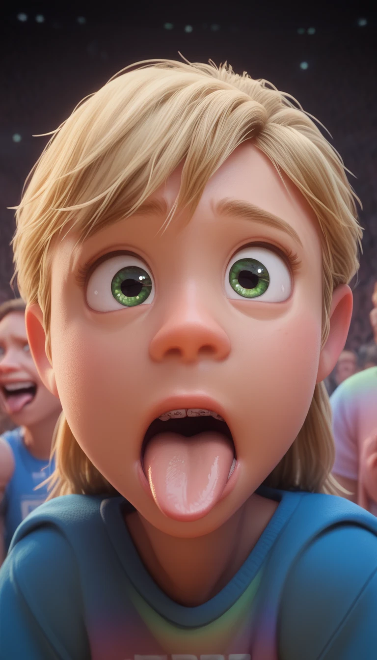 Riley、 blondes,   green eyes, Only the face,  Ahehe ,   audience  ,   simple background,   Head on    、 Mouth wide open、  stretches out her tongue  