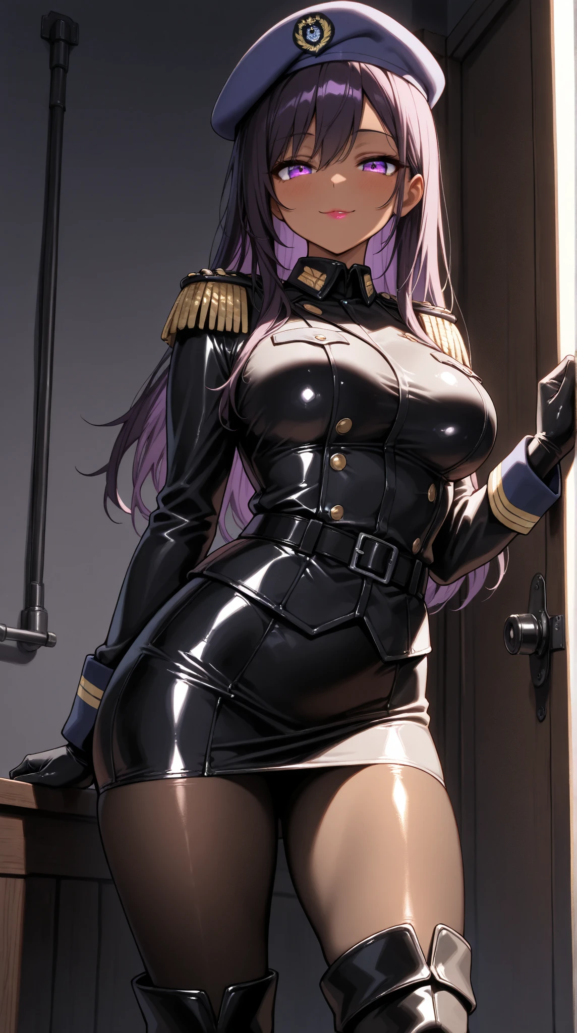 A girl with long straight purple hair and purple eyes with tan skin and full breasts standing straight facing the viewer in a uniform, perfect,