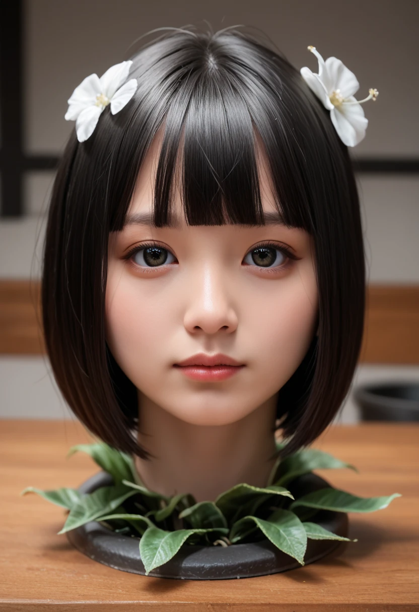 score_9, score_8_up, score_7_up, rating_safe, source_real, high resolution photograph, photo realistic, masterpiece, best quality, amazing quality, very aesthetic, absurdres, newest, intricate details, extremely detailed, professional lighting, 1girl, solo focus, (disembodied head of a young Japanese woman in a (flower-pot) on the table:1.2), face focus, close-up of her head, short bob cut black hair with thick blunt bangs, hair flower s, detailed face, detailed eyes, sophisticated nose, view from front, looking at the viewer, outdoors, daylight, tomak,