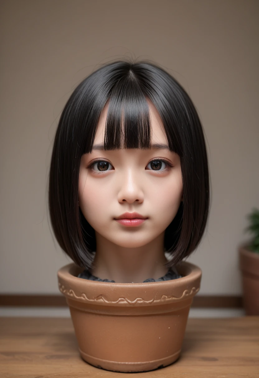 score_9, score_8_up, score_7_up, rating_safe, source_real, high resolution photograph, photo realistic, masterpiece, best quality, amazing quality, very aesthetic, absurdres, newest, intricate details, extremely detailed, professional lighting, 1girl, solo focus, (disembodied head of a young Japanese woman in a (flower-pot) on the table:1.2), face focus, close-up of her head, short bob cut black hair with thick blunt bangs, hair flower s, detailed face, detailed eyes, sophisticated nose, view from front, looking at the viewer, outdoors, daylight, tomak,