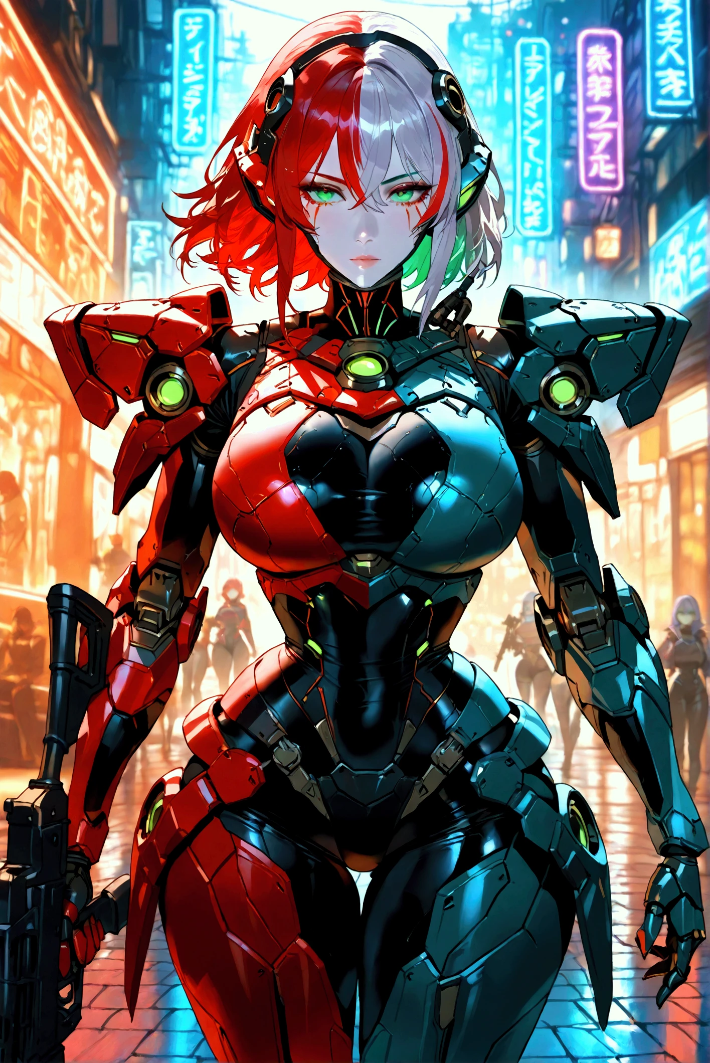 Combat Gynoid Jizelle with short-lenth straight red hair, (Large Breast:1.4) curvaceous figure with a narrow waist and wide hips, pale skin, glowing green eyes, grasping a sleek sub-machine gun, clad in high-tech red armor with metallic accents, set against a dystopian cyberpunk backdrop with neon lights reflecting off wet pavement, rendered in a detailed, high-contrast matte painting style with deep, rich colors, blending the dark, gritty aesthetic of Syd Mead with the vibrant, neon-lit futurism of Ash Thorp and the intricate, mechanized details of Simon Stalenhag, inspired by the fantasy concept art trending on Artstation, with a cinematic, 8k resolution quality reminiscent of Unreal Engine 5, emphasizing bold, complementary colors and dramatic lighting