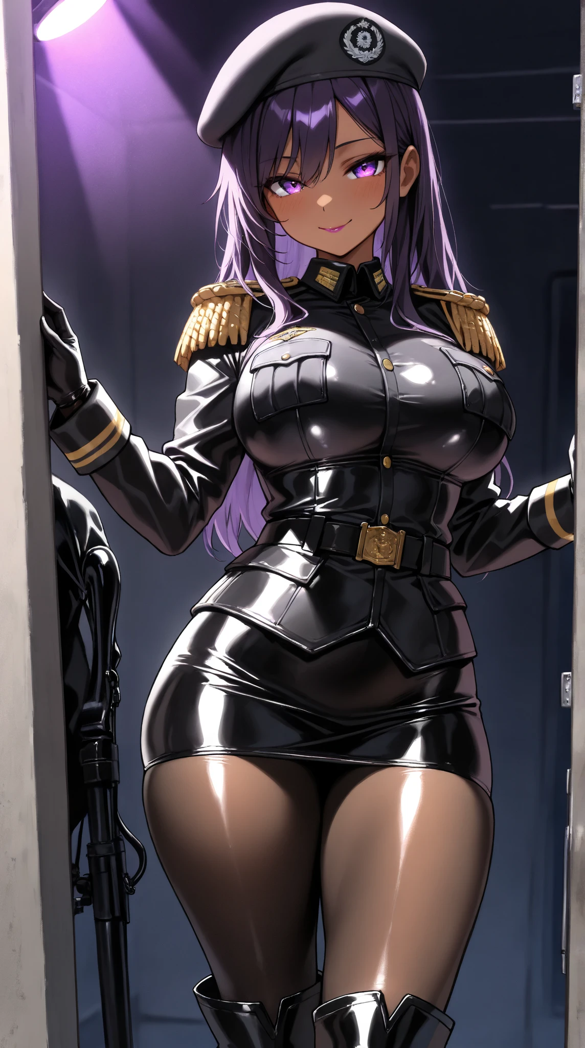 ingrid,large breasts,erected nipples,mature female, (dark-skinned female:1.2), dark skin, determined, pink red hair, ponytail, hair intakes, makeup, lipstick, (mole under mouth:0.8), eyelashes, yellow eyes,military uniforms, military academies, heroic,ultra miniskirt,(no panties:1.2), outdoors,strong wind, (battle field:1.1)，looking at viewer,(highres, high quality:1.1), intricate details, cinematic lighting, 1girl,(cool beauty),from below