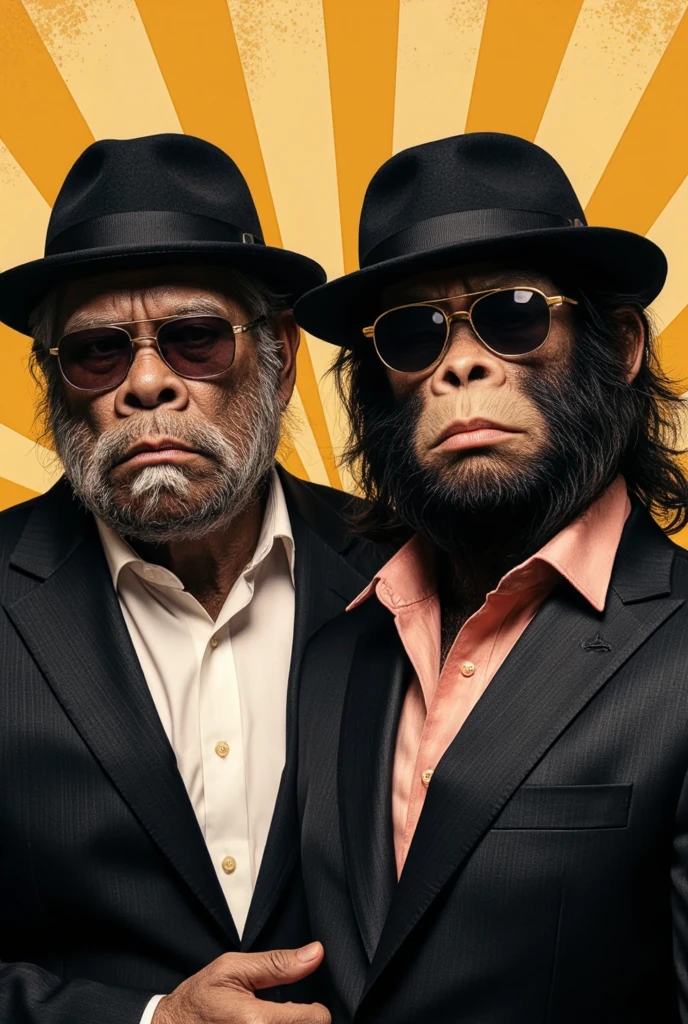 A pop art illustration of a muscular gorilla and a skinny gorilla imitating the Doobie Brothers, dressed in black hats, sunglasses and suits.