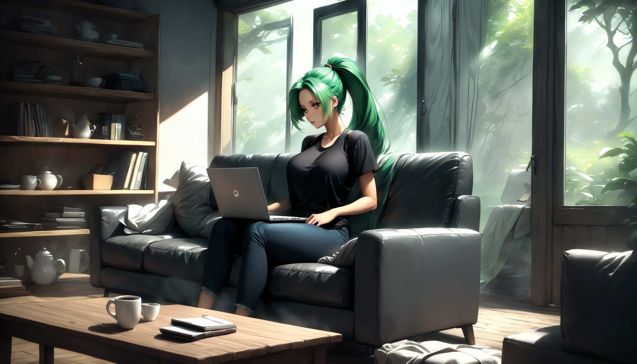 "A woman with pastel green hair tied in a ponytail sits on a leather couch in an industrial-style living room. She wears a black tank top and black jeans, her laptop glowing softly as she works. The sunlight filters through large steel-framed windows, casting shadows on the exposed concrete walls and the rugged wooden coffee table. A cup of coffee sits beside her, the steam rising gently in the warm light."