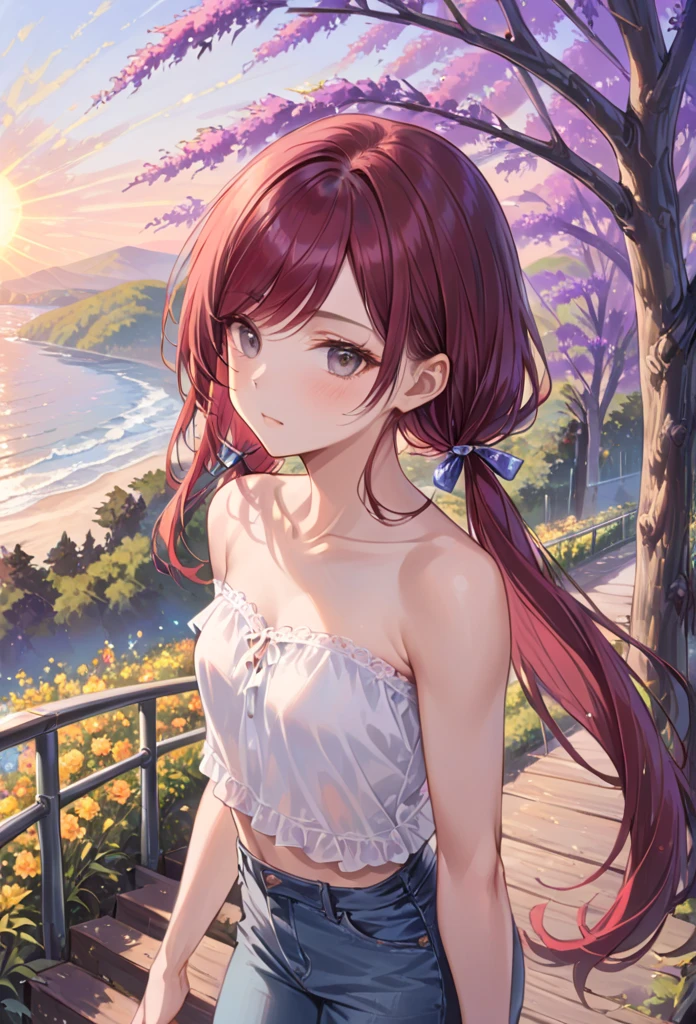 Best quality, masterpiece, hair blowing in wind, upper body, balcony, railing, low twin tails, white ribbons, dark red hair, swept bangs, gray eyes, gray strapless shirt with white trim, black jeans, toned arms, small breasts, close up,tropical plants, neighborhood, flowers, fence, trees, river, thunderhead clouds, colorful flowers, people in background, dusk, 