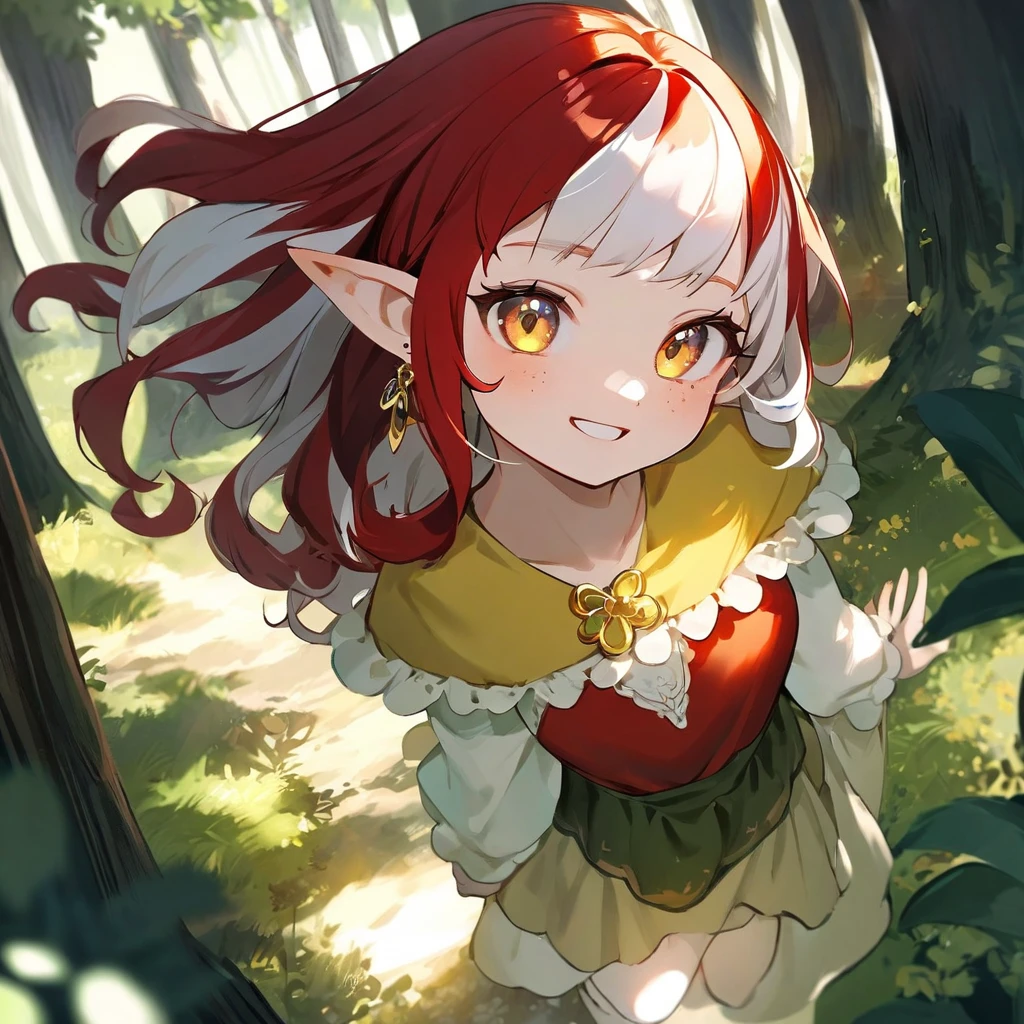 score_9, score_8_up, score_7_up, 1girl, Halfling, small female, white skin, freckles, wavy hair, long hair, multicolored hair, red hair, split-color hair, white hair,  long ears,  pointed ears, a lot of piercing on ears, earings on ears, kind eyes, charismatic eyes, yellow eyes, smilling, gypsy red dress, soft lighting, cute face, round face, soft shadows, tiny woman,  forest background, legs, full body, Upper angle