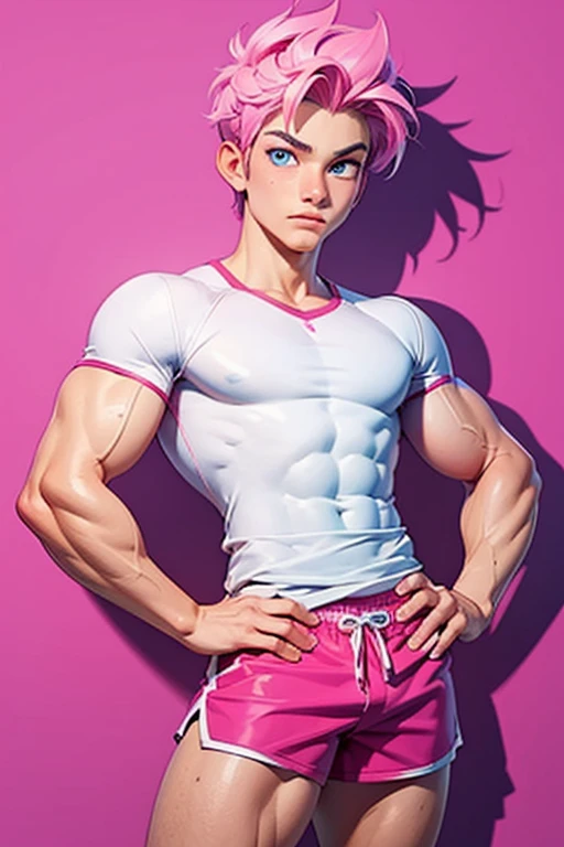 a young muscular  male wearing a pink and white short shorts, he has short spiked pink hair with blue eyes