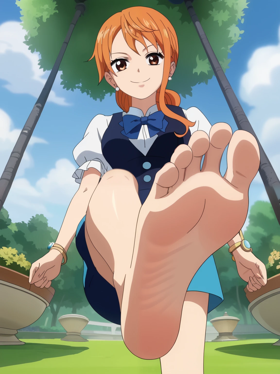 score_9, score_8_up,source_anime,
1girl, Nami, alone, looking at viewer, cowboy shot, anime screencap, anime coloring,barefoot,Perfect feet,Anatomically correct,soles, low angle,Focal length 35mm, Five toes,front,Symmetrical Soles,Foot Focus, in a garden, floating, lifting legs to show her soles, flirty gaze, flirty smile