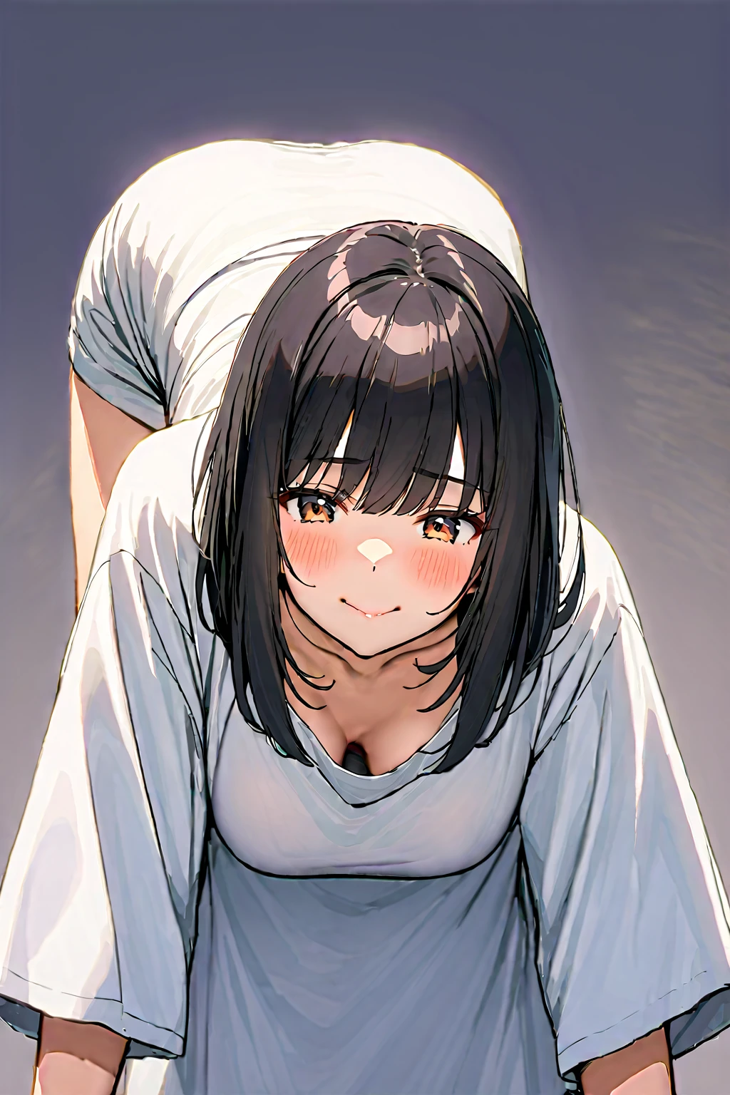 down blouse,oversized shirt,bent over,japanese mature female,medium straight hair,black hair,cute face