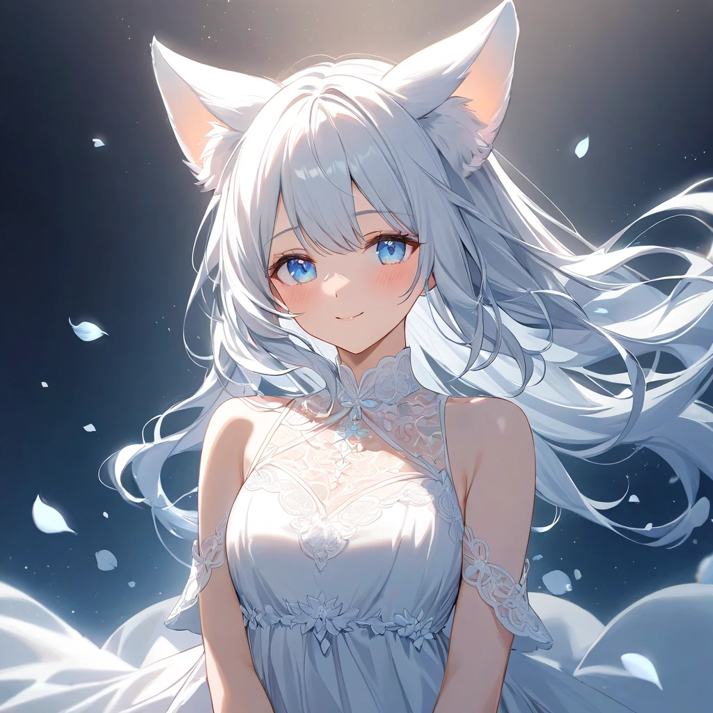 A serene and enchanting portrait of a young woman with long, flowing white hair and soft animal-like ears. She has large, expressive blue eyes, a warm and gentle smile, and fair, glowing skin with a subtle blush. She wears an elegant, simple white dress with delicate lace detailing, exuding a soft and ethereal charm. The background is minimal, with a gradient of cool tones and a scattering of petals gently floating around her, enhancing the dreamy and tranquil atmosphere.