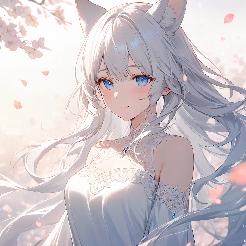 A serene and enchanting portrait of a young woman with long, flowing white hair and soft animal-like ears. She has large, expressive blue eyes, a warm and gentle smile, and fair, glowing skin with a subtle blush. She wears an elegant, simple white dress with delicate lace detailing, exuding a soft and ethereal charm. The background is minimal, with a gradient of cool tones and a scattering of petals gently floating around her, enhancing the dreamy and tranquil atmosphere.