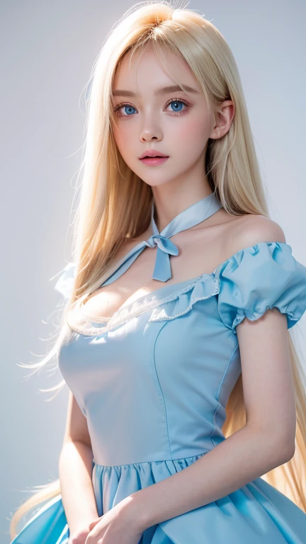 Highest quality、Ultra-high resolution、photograph、かわいい美少女のphotograph、Detailed cute and beautiful face、(Pure Eros Face_v1:0.008)、Alice in Wonderland、 beautiful girl、Very white and shiny skin、Bangs between the eyes、Ultra long platinum blonde super long straight silky hair、Thin Hair、Beautiful, large, light blue eyes、White Apron、Blue Dress、No makeup