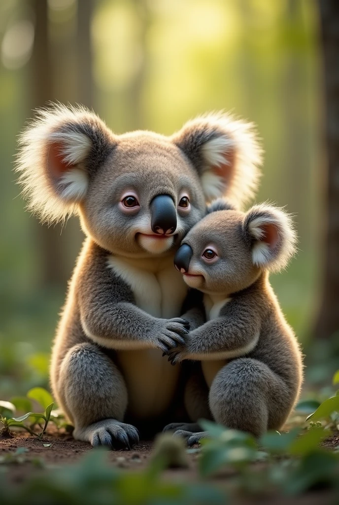 A koala,Koala papa , family,  goes into the woods  , green,  with his baby koala ,wedding, playing,  smiling,  holding hands ,  High resolution, smile,  brown eyes ,  deep and tender ,  Long lumpy light brown hair,  Precise, HD model,  The best quality,  Full body , masterpiece,  The best quality, Detail,  Textured skin, UHD, muy detallado,  Textured skin, Shine,  depth of field, Caustic,  Lines of exploration ,  Image Fill, bright light,  Reflective light , Ray Tracking,  Optical Illusion, 