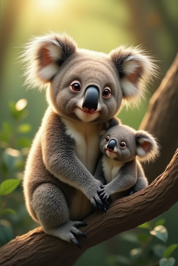 A koala,Koala papa , family,  goes into the woods  , green,  with his baby koala ,wedding, playing,  smiling,  holding hands ,  High resolution, smile,  brown eyes ,  deep and tender ,  Long lumpy light brown hair,  Precise, HD model,  The best quality,  Full body , masterpiece,  The best quality, Detail,  Textured skin, UHD, muy detallado,  Textured skin, Shine,  depth of field, Caustic,  Lines of exploration ,  Image Fill, bright light,  Reflective light , Ray Tracking,  Optical Illusion, 