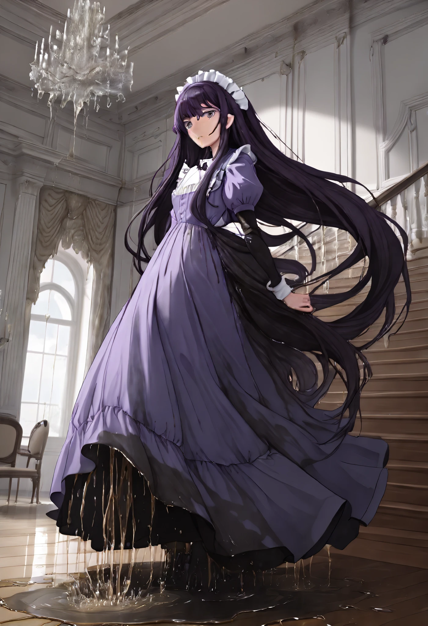 (masterpiece:1.37), best quality, (extremely detailed:1.37), woman, (very long hair:1.5), dark purple hair, purple eyes, (extremely detailed eyes:1.37), maid uniform, (long dress:1.5), desperation, (wetting self:2.0), standing, indoors, fantasy setting, manor, mansion