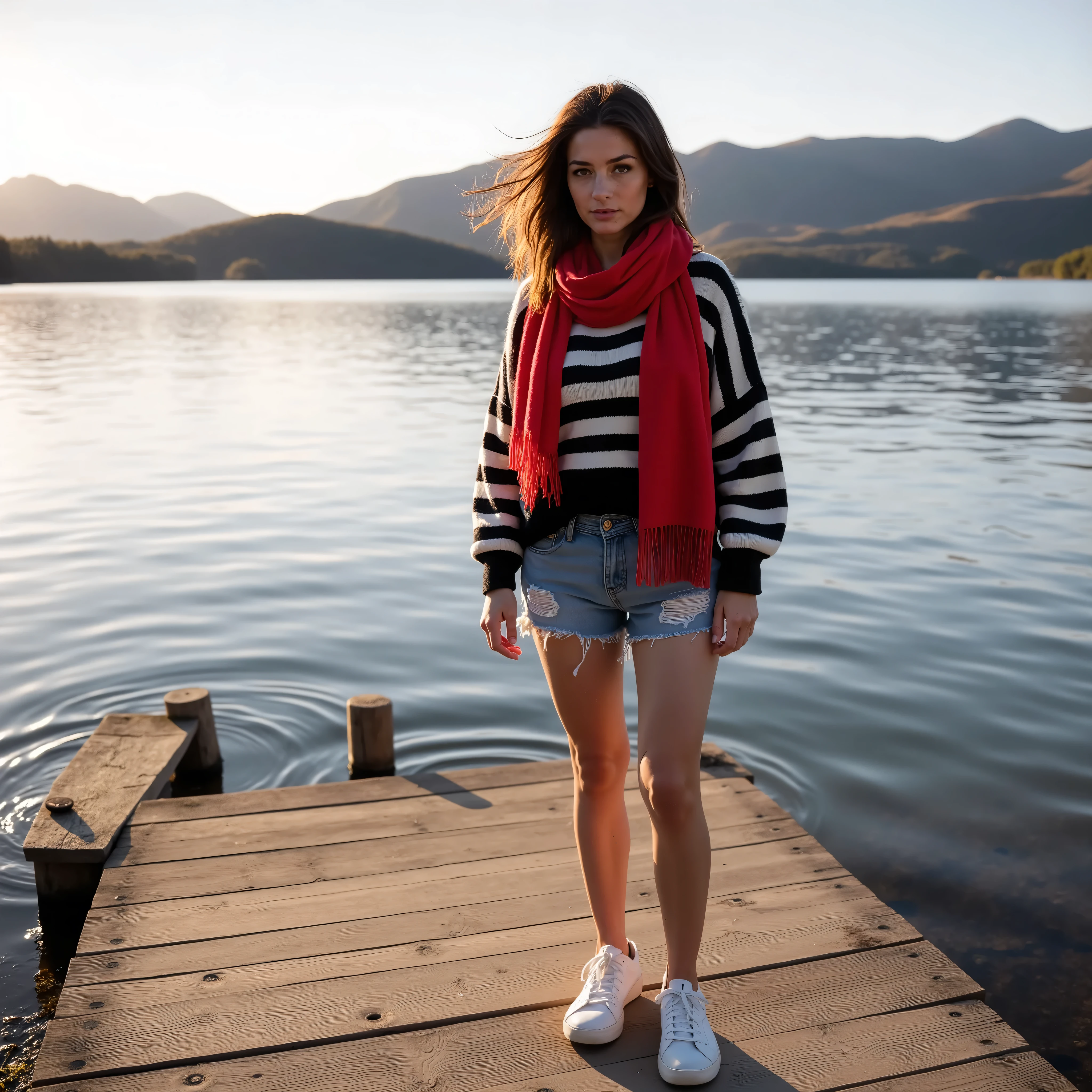 Isabella stands on a worn wooden dock overlooking Lake Llanquihue, Puerto Varas' picturesque backdrop. She wears a mismatched ensemble of bright red scarf, distressed denim shorts, and oversized striped sweater, the wind tousling her hair. The late afternoon sun casts a warm glow, highlighting the vibrant colors against the serene lake's calm waters and surrounding hills.