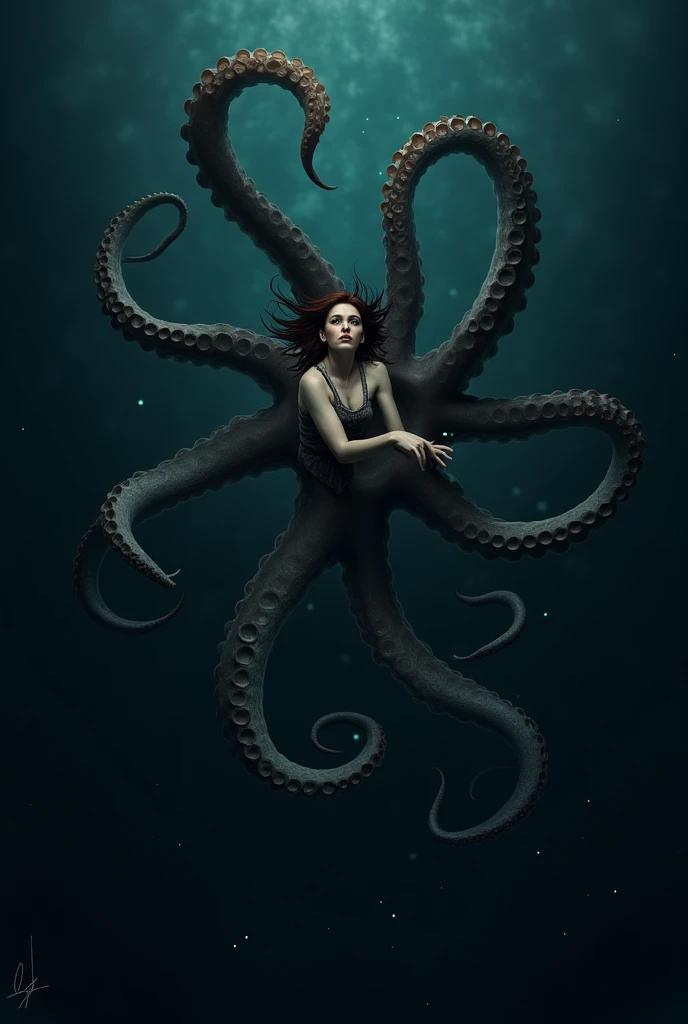 (extremadamente detallado, obra maestra, La mejor calidad), Estilo oscuro, intense illumination, rostro con arrugas, lengua larga, tentacle, deforme, monstruoso, interior de una piscina de agua verdosa, imagen submarina, alien con Colmillos finos, pico de pulpo amenazante. manchas de tinta. Rococo composition. Luz de caravaggio