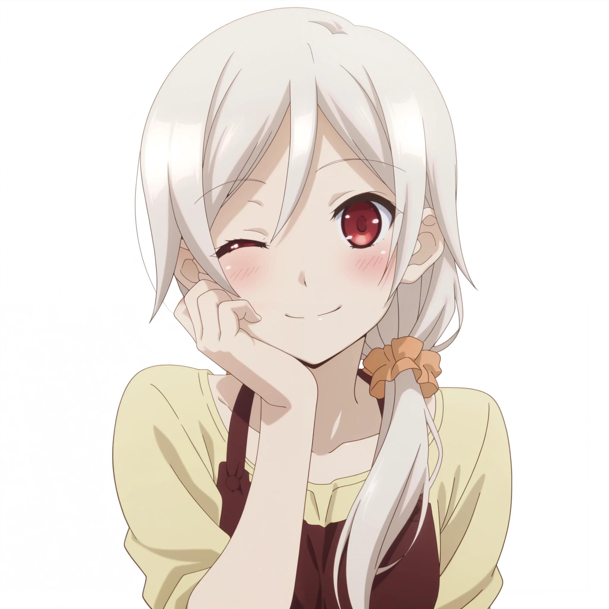 highres, best quality, anime screencap, anime coloring,sella, long hair, scrunchie, white hair, red eyes, apron, smile, blush, upper body, one eye closed, ,hand on own cheek, looking at viewer, white background, simple background,