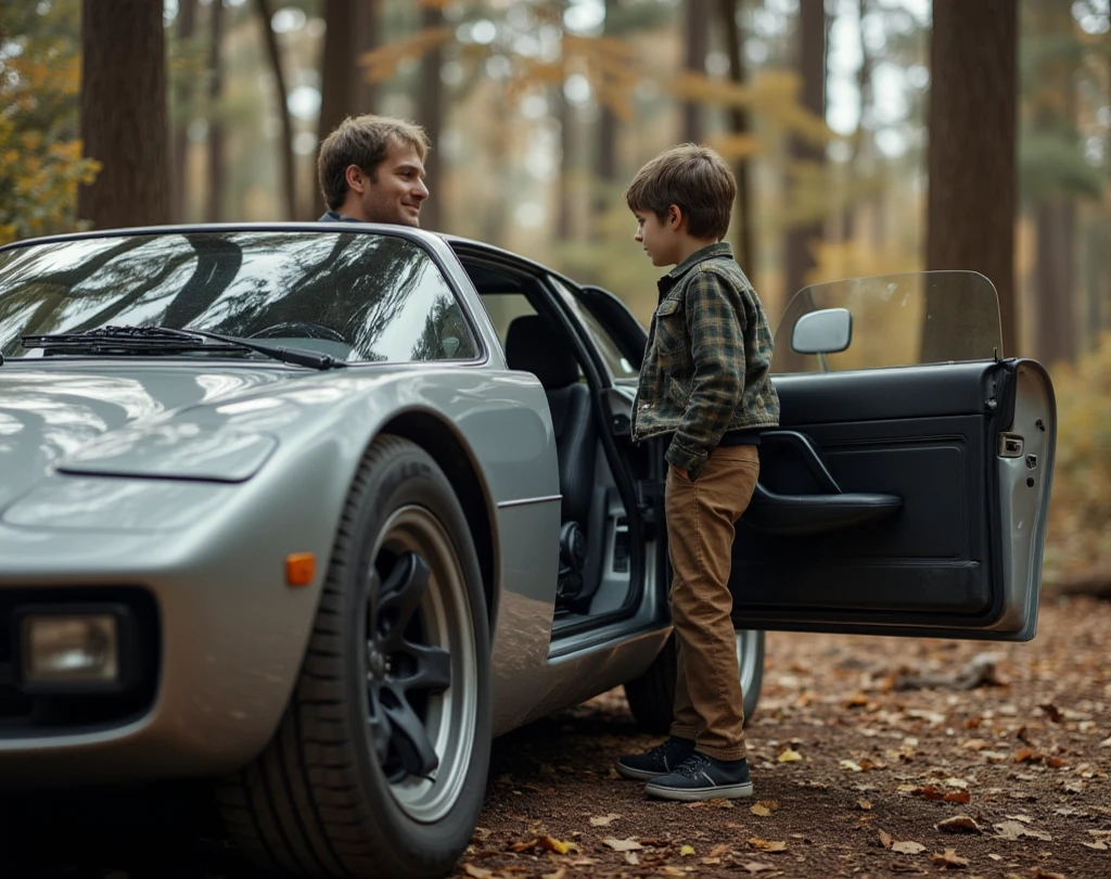  The door of a silver future car opens , about  boy getting ready to get out of the cab, The driver of the car is his father , middle-aged man of the same age,The background is an empty space in the forest .