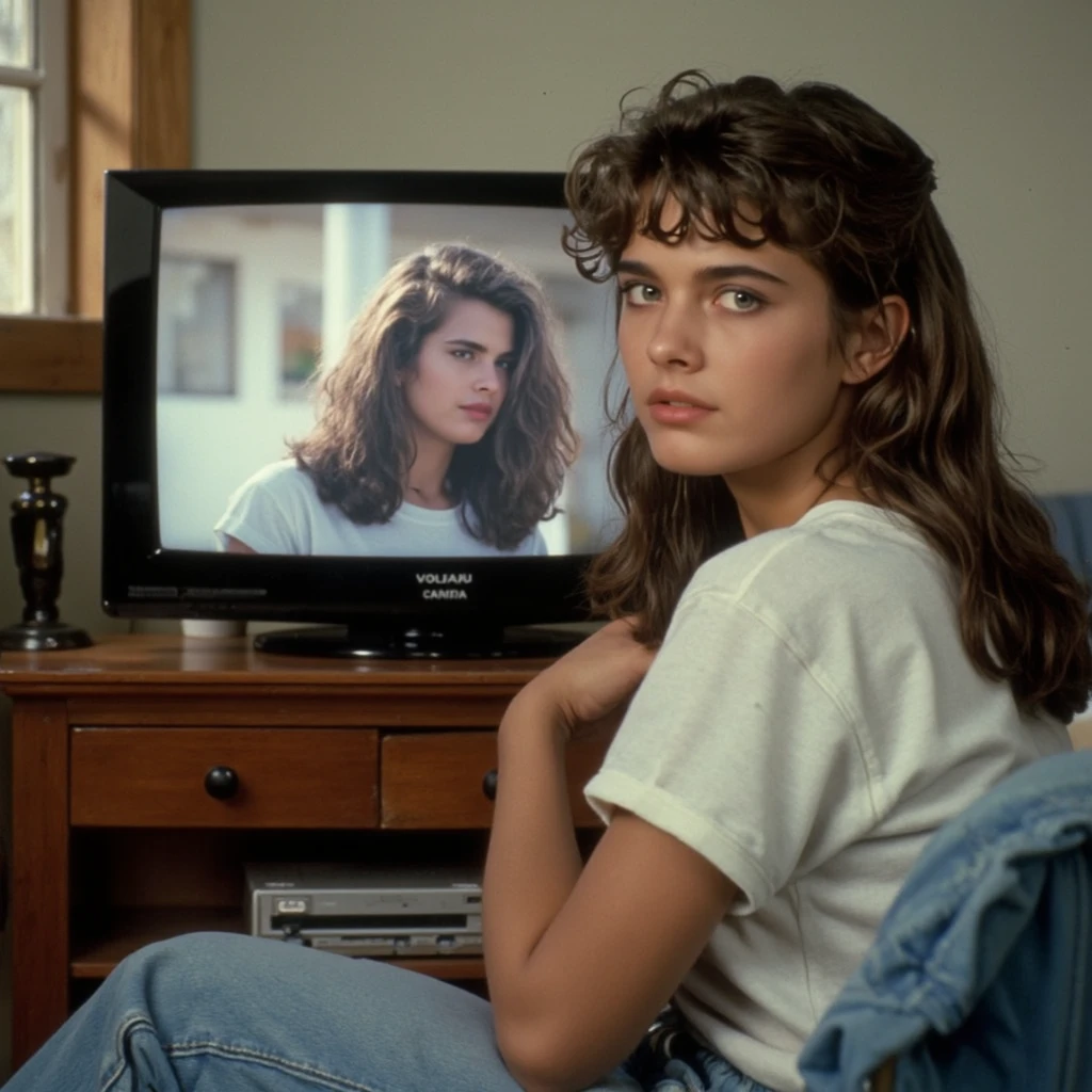 A polaroid photograph of a young Italian teenager, upturned nose, dressed in a white T-shirt and denim pants is watching television in a room in the 1980s, sideview, looking over her shoulder, partly seen from the back, in a living room in Italy in the 1980s, photorealistic, 1girl, bokeh, high quality, detailed features, photo-realistic, realistic, 4k, 8k, highres, indirect gaze, Polaroid, cinematic photo, photo from a family album, beautiful hyperrealism hyperdetailed, dressed in clothes