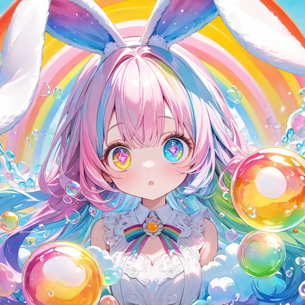 Masterpiece, Best quality, 8K, Sharp focus, intricately details, Beautiful girl, Sparkling eyes, golden-ratio face, Otherworldly liquids, aquarelle, Pastel colors, Bright colors, Whimsical, Colorful, Sharp focus, high resolution, finedetail, ((Round eyes)), Rainbow-colored bubbles，foamy，big beatiful eyes，There are bubbles floating around，offcial dress，Rabbit ears