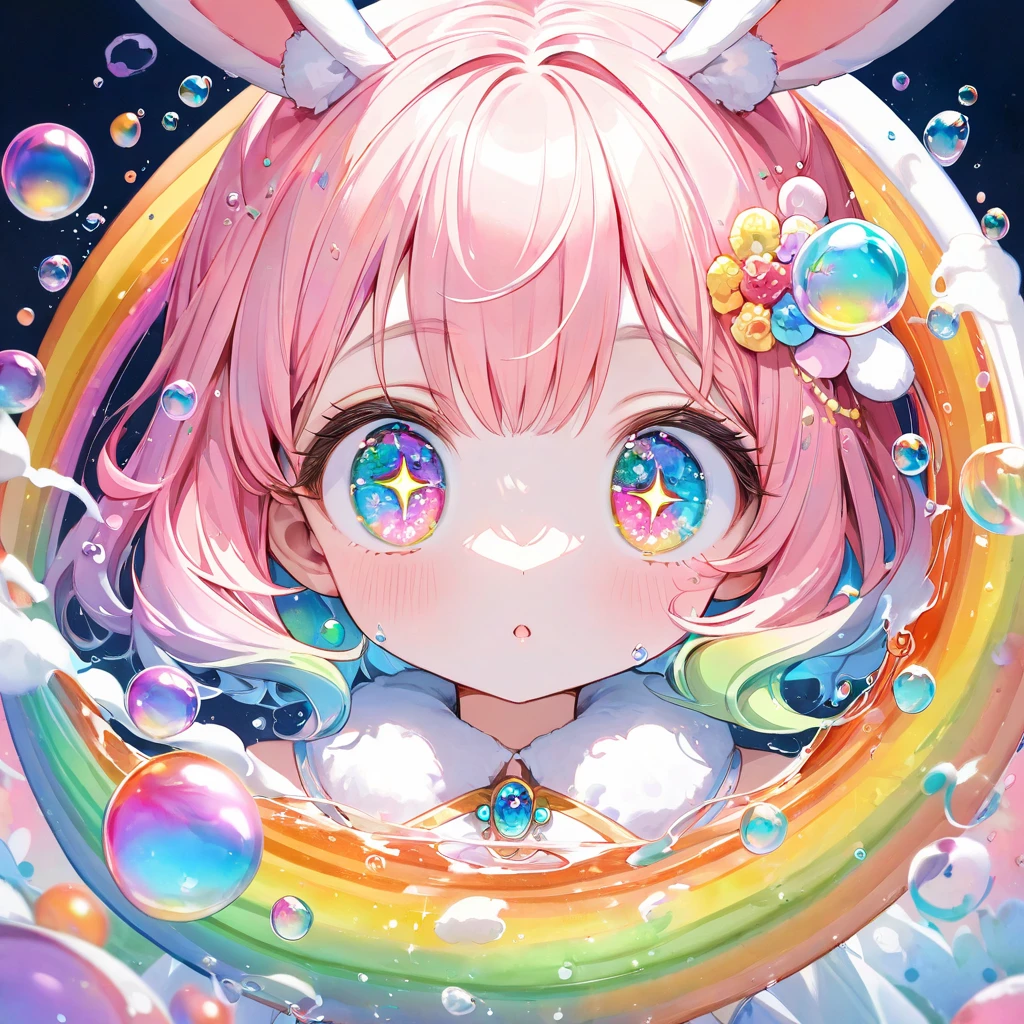 Masterpiece, Best quality, 8K, Sharp focus, intricately details, Beautiful girl, Sparkling eyes, golden-ratio face, Otherworldly liquids, aquarelle, Pastel colors, Bright colors, Whimsical, Colorful, Sharp focus, high resolution, finedetail, ((Round eyes)), Rainbow-colored bubbles，foamy，big beatiful eyes，There are bubbles floating around，offcial dress，Rabbit ears