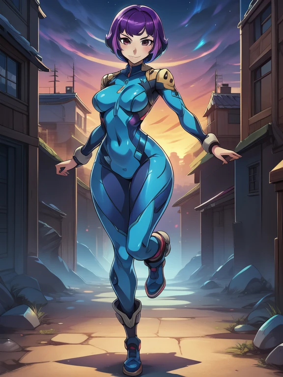 a cartoon picture of a woman in a tight blue outfit leaning against a wall, concept art by Okada Beisanjin, trending on pixiv, conceptual art, thick smooth warframe thighs, chell from portal, gordon freeman as a woman, giantess art, asuka suit under clothes!, chell, tracer in a skintight dress, thick warframe legs
