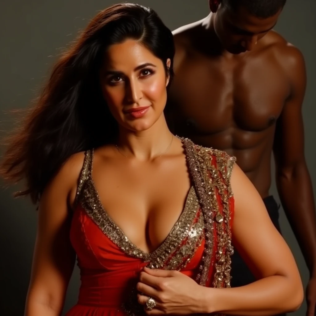 Create a realistic photograph of a smiling and beautiful indian actress in red satin carrying a large stout man on her shoulders in a room, man is sitting on top of her shoulders , man on top, woman standing at bottom , she is wearing black gloves
