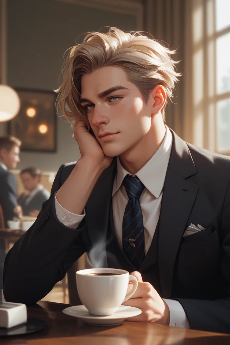, an adult man , not long blond hair in a ponytail, grey eyes - SeaArt AI