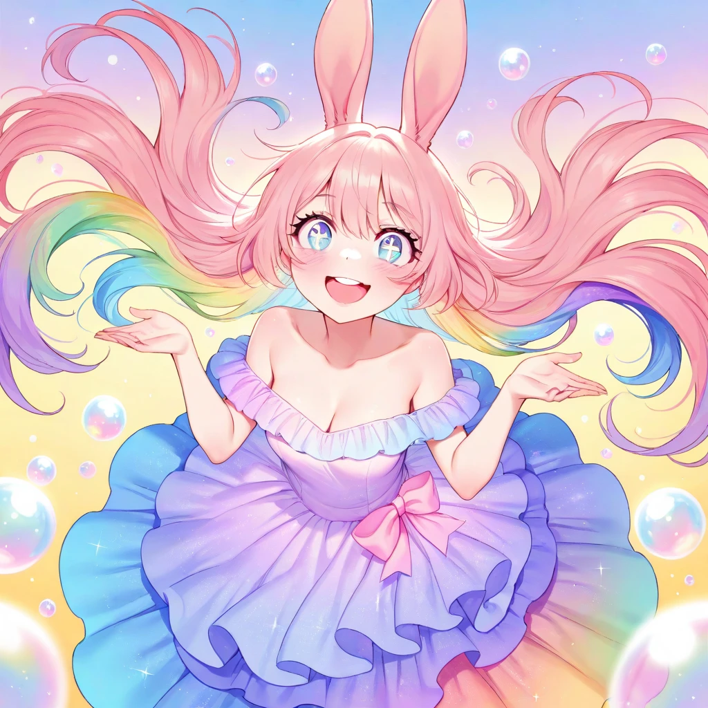 Masterpiece, Best quality, 8K, Sharp focus, intricately details, Beautiful girl, Sparkling eyes, golden-ratio face, Otherworldly liquids, aquarelle, Pastel colors, Bright colors, Whimsical, Colorful, Sharp focus, high resolution, finedetail, ((Round eyes)), Rainbow-colored bubbles，foamy，big beatiful eyes，There are bubbles floating around，offcial dress，Rabbit ears