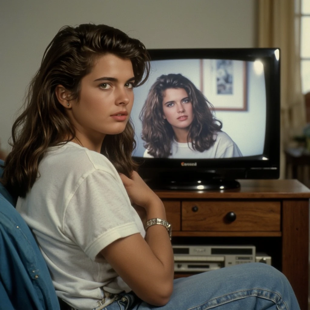 A polaroid photograph of a young Italian teenager, upturned nose, short dark brown hair, dressed in a white T-shirt and denim pants is watching television in a room in the 1980s, sideview, looking over her shoulder, partly seen from the back, in a living room in Italy in the 1980s, photorealistic, 1girl, bokeh, high quality, detailed features, photo-realistic, realistic, 4k, 8k, highres, indirect gaze, Polaroid, cinematic photo, photo from a family album, beautiful hyperrealism hyperdetailed, dressed in clothes