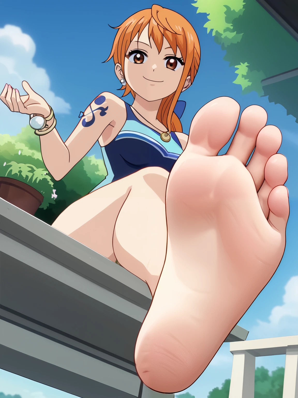 score_9, score_8_up,source_anime,
1girl, Nami, alone, looking at viewer, cowboy shot, anime screencap, anime coloring，barefoot，Perfect feet，Anatomically correct，soles, low angle，Focal length 35mm, Five toes，front，Symmetrical Soles，Foot Focus, in a garden, floating, lifting legs to show her soles, flirty gaze, flirty smile, swimsuit