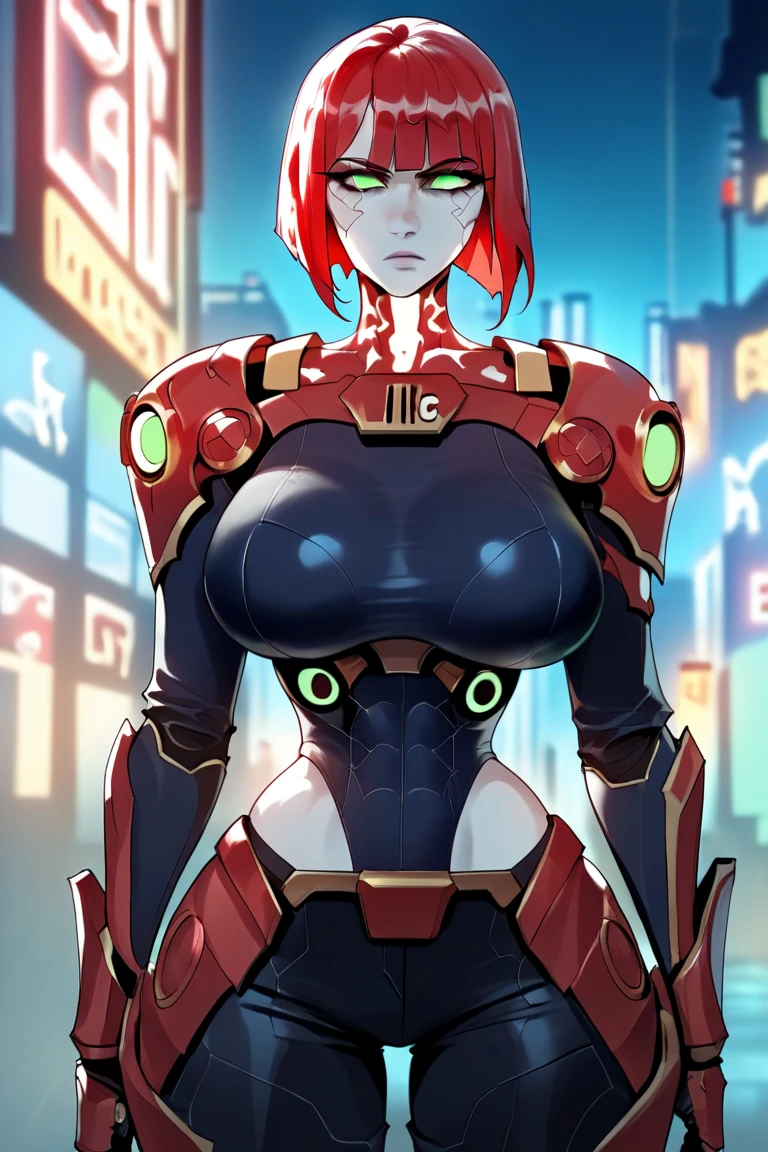 long hair, dark-purple hair, hair ornament, purple eyes, anatomical correct, (masterpiece, best quality:1.2), solo, 1girl, elster, cyborg, expressionless, looking at viewer, crossed arms, bodysuit, simple background, red background, "glow effects, godrays, Hand drawn, render, 8k, octane render, cinema 4d, blender, dark, atmospheric 4k ultra detailed, cinematic, Sharp focus, big depth of field, Masterpiece, colors, 3d octane render, 4k, concept art, trending on artstation, hyperrealistic, Vivid colors, extremely detailed CG unity 8k wallpaper, trending on CGSociety, Intricate, High Detail, dramatic", (shaded face:1.2), hollow eyes, purple eyes, looking at viewer, heavy breathing, smirk, upper teeth, lips,