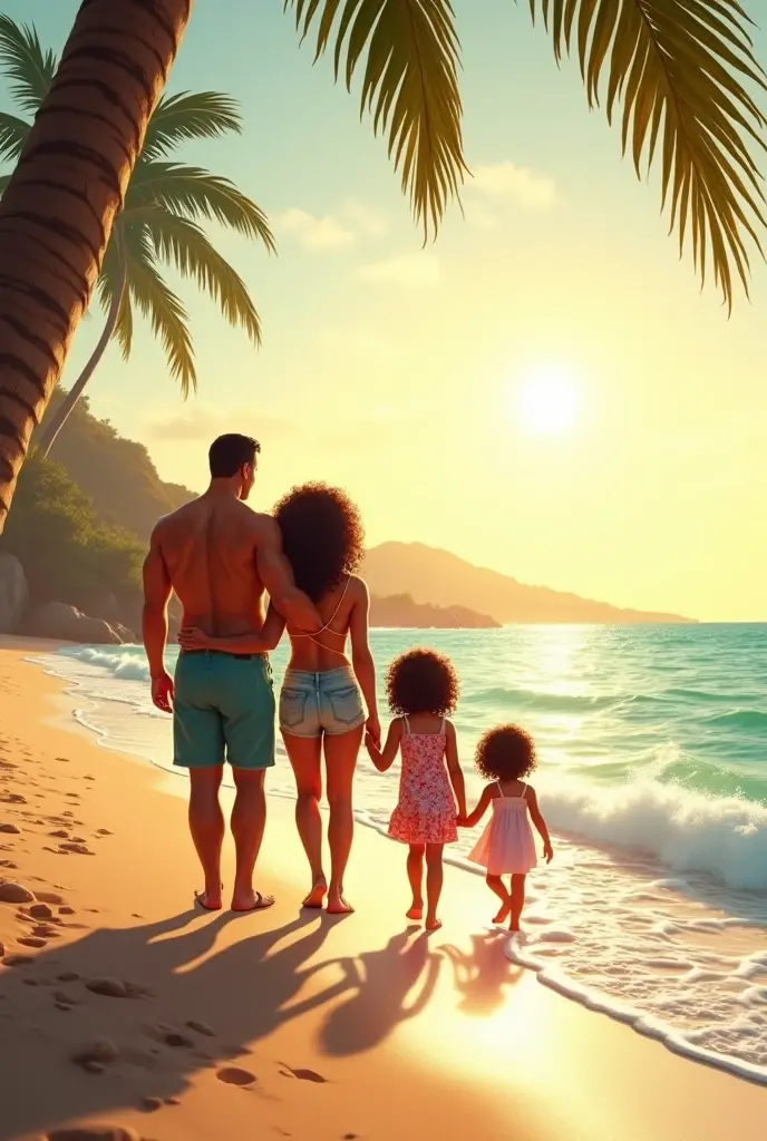 generate a photo of a black man with his beautiful half cast family of wife and brown four kids two girls and two boys wearing bikinis walking along the beach shore at sunrise