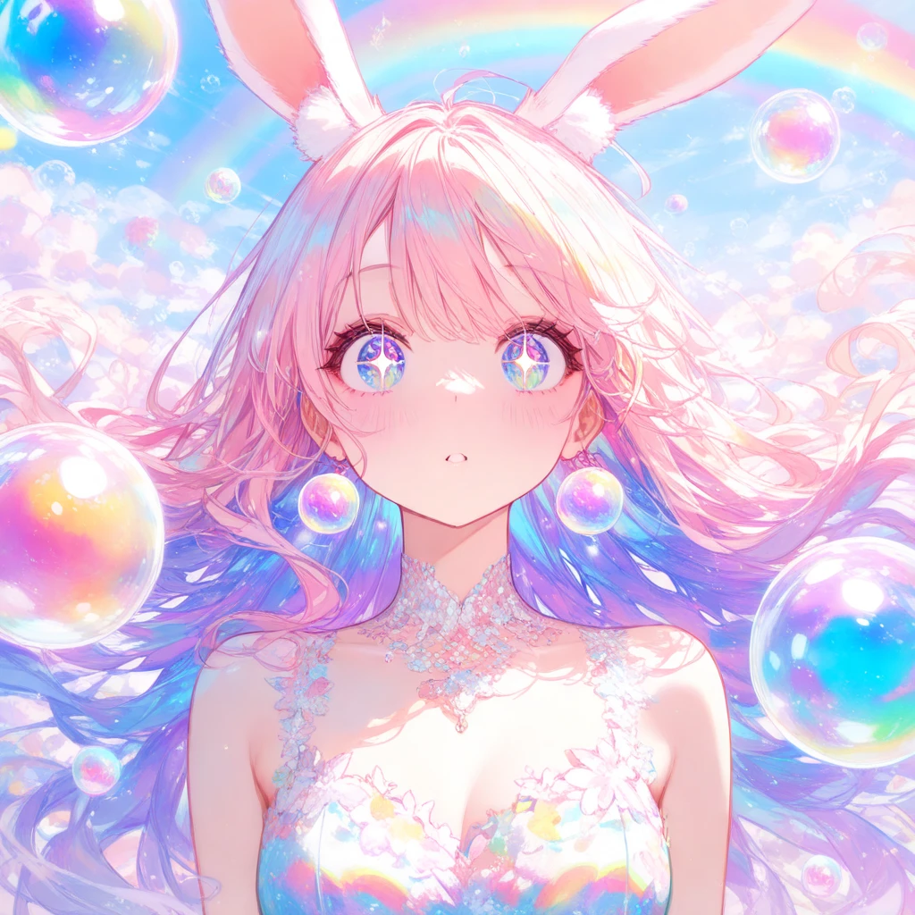 Masterpiece, Best quality, 8K, Sharp focus, intricately details, Beautiful girl, Sparkling eyes, golden-ratio face, Otherworldly liquids, aquarelle, Pastel colors, Bright colors, Whimsical, Colorful, Sharp focus, high resolution, finedetail, ((Round eyes)), Rainbow-colored bubbles，foamy，big beatiful eyes，There are bubbles floating around，offcial dress，Rabbit ears