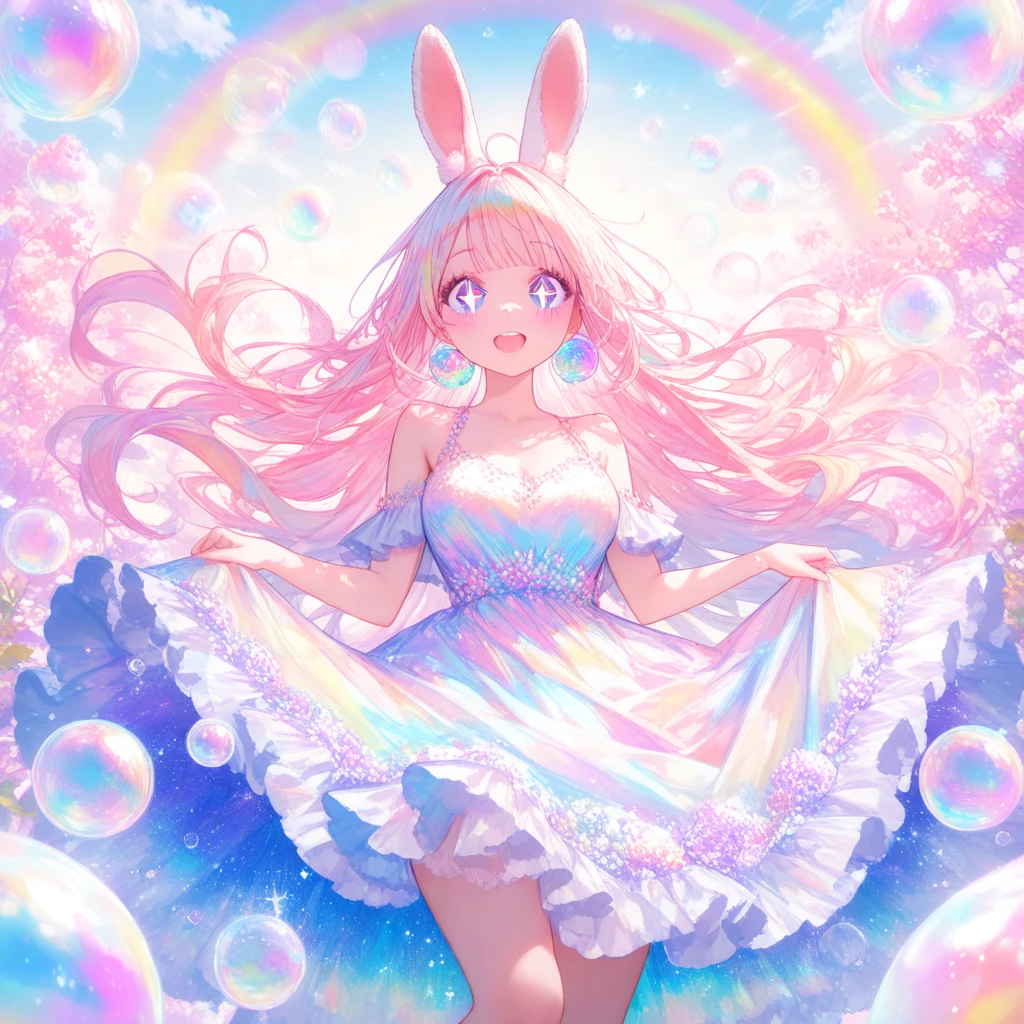 Masterpiece, Best quality, 8K, Sharp focus, intricately details, Beautiful girl, Sparkling eyes, golden-ratio face, Otherworldly liquids, aquarelle, Pastel colors, Bright colors, Whimsical, Colorful, Sharp focus, high resolution, finedetail, ((Round eyes)), Rainbow-colored bubbles，foamy，big beatiful eyes，There are bubbles floating around，offcial dress，Rabbit ears