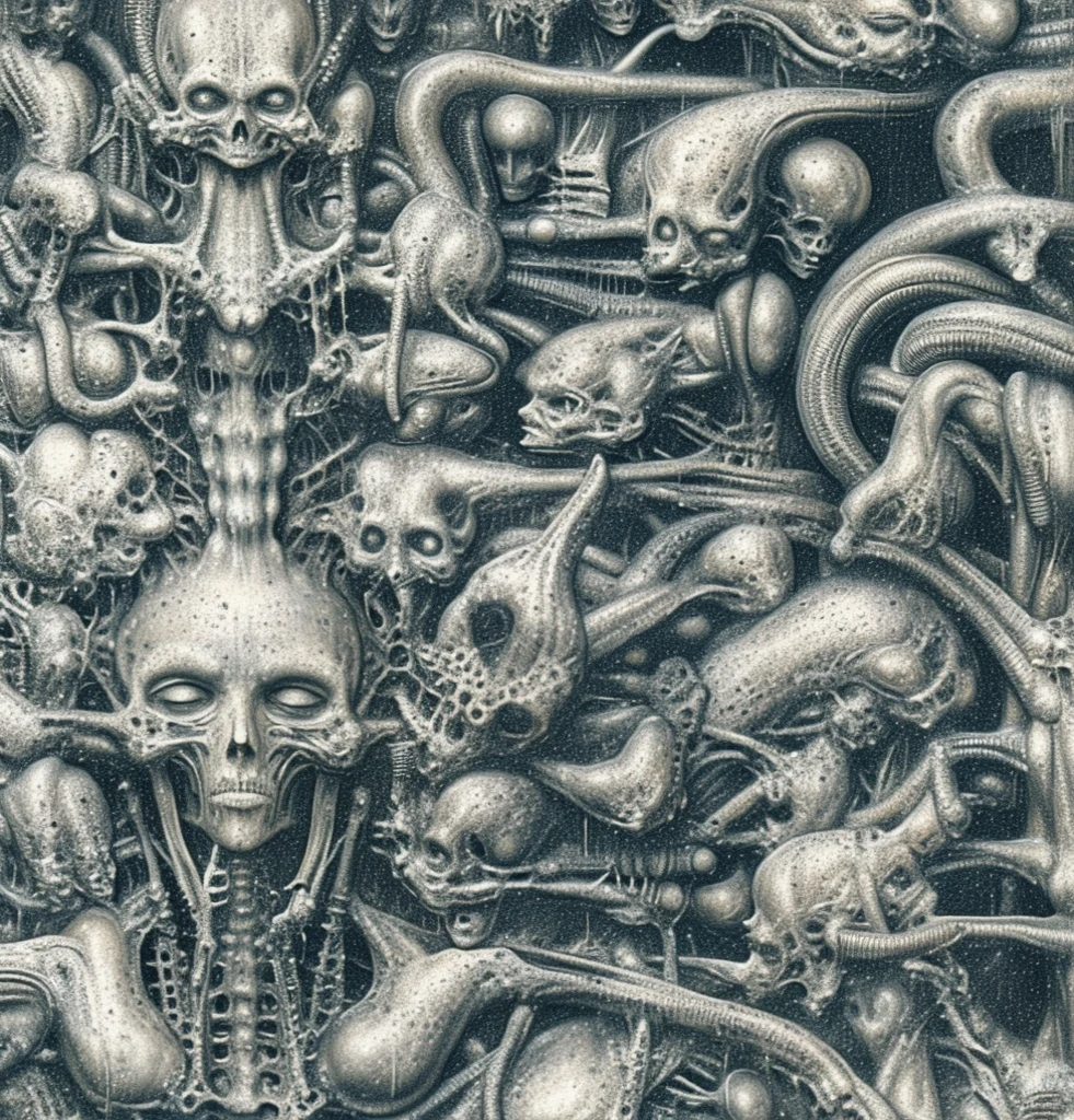 g1g3r, , The image is a detailed view of H.R. Giger's \" Li II \" plate, featuring The image depicts a surreal, otherworldly scene with intricate, organic-like architecture and figures that appear to be emerging from the structures. The space in this H.R. Giger-esque image is formed through a complex interplay of several visual techniques, creating a claustrophobic, layered, and ambiguous environment. Space in this image is formed by a combination of overlapping forms, lack of traditional perspective, flowing curves, high detail, ambiguous scale, and subtle lighting. These techniques work together to create a unique and unsettling spatial experience that is characteristic of Giger's work: a claustrophobic, organic, and biomechanical environment that feels both alien and strangely familiar.
 The most dominant feature is the dense overlapping and interweaving of organic and mechanical forms. Figures, pipes, tubes, and other structures merge seamlessly, making it difficult to distinguish where one ends and another begins. This creates a sense of depth and layers, but also contributes to the claustrophobic feeling as there's little empty space.
 There's no clear horizon line or defined vanishing point to establish traditional perspective. This further adds to the sense of disorientation and makes it difficult to gauge the scale and distance of the elements within the image. The space feels compressed and undefined.
Giger frequently uses smooth, organic curves and contours that flow into each other. These curves create a sense of movement and dynamism, but also further blur the boundaries between objects and spaces. The eye is led through the image along these curves, but there's no clear destination or resting point.
 The high level of detail and intricate textures across the entire image contributes to the sense of density and complexity. There are few areas of smooth, flat color or empty space. This creates a visually rich environment