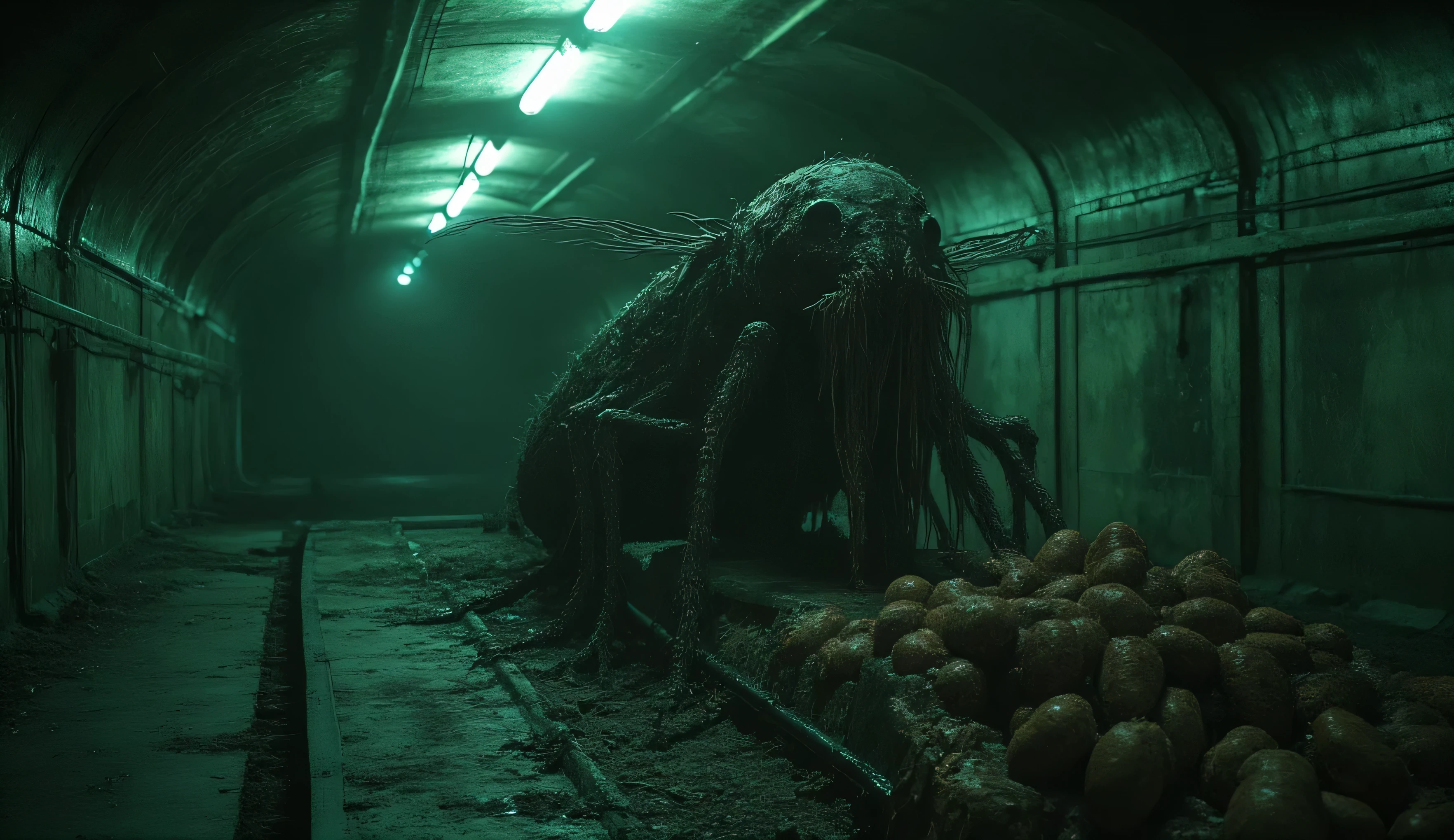 The great queen of the alien insect race. A creepy giant fly without huge wings has grown into the wall of a subway tunnel. There are hundreds of large insect eggs next to it. Thick black viscous threads emanate from the uterus, which are attached to the wall and ceiling. Dark green lighting. horror, phobia, nightmare