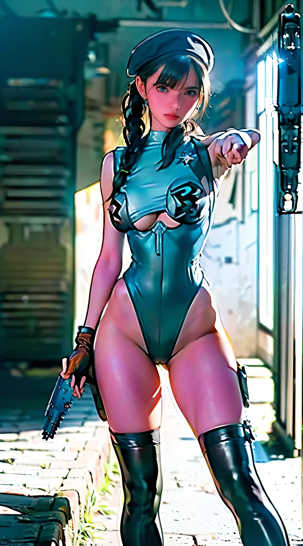 masterpiece, best quality, female, superhero, leotard, bare legs, boots, standing, matching boots