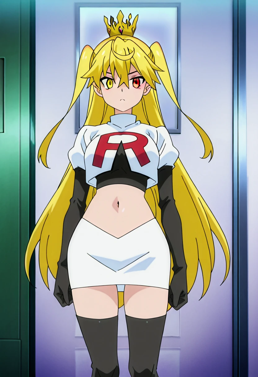 ((team rocket uniform,red letter r,white skirt,white crop top,black thigh-high boots,black elbow gloves,glaring angrily,looking down at viewer,hands on hips,from below)),(best quality,4k,8k,highres,masterpiece:1.2),ultra-detailed,(realistic,photorealistic,photo-realistic:1.37),((HDR,UHD,studio lighting,extreme detail description,professional,portraits,red color scheme,dramatic lighting)),{{sexy squat on toilet, spread legs,black panties,pokemoncynthia, blonde hair, hair ornament, hair over one eye, long hair, (yellow eyes:1.5,UHD}}