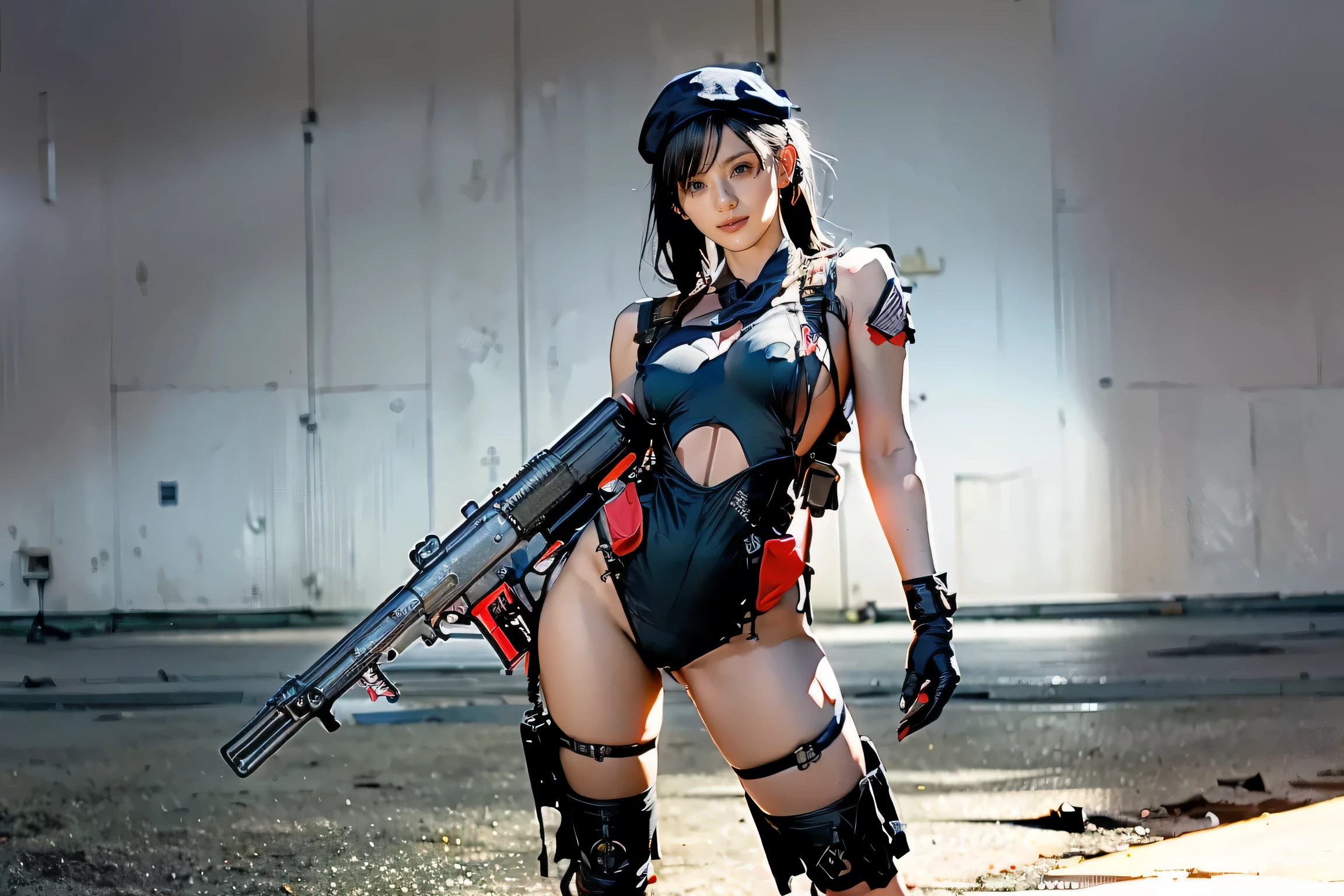 (one sexy woman),( muscularity:1.7), ( thighs:2), (Cammy, black hair with bangs:1.5), Beautiful Marked , detailed eyes , detailed skin, red lips, eyeshadow, ( big breasts:1.6), Hard nipples, (overhanging large areolas ),(Underboob:1.7),(sleeveless SWAT military style black leotard, gloves, black Beret:1.5),  (ear monitor:1.5),(((Tactical Holster:1.5))),(Holding an futuristic LASER riffle),(wearing a black military jacket),(Upper body view), ( looking ), (¾ view ), Backstreets, rim lighting , two tone lighting, dimly illuminated ,(( expand your legs)),(( place your knees on the ground)),((Holding an The MP5 Submachine Gun:2.0)),Abandoned building Passage at midnight
