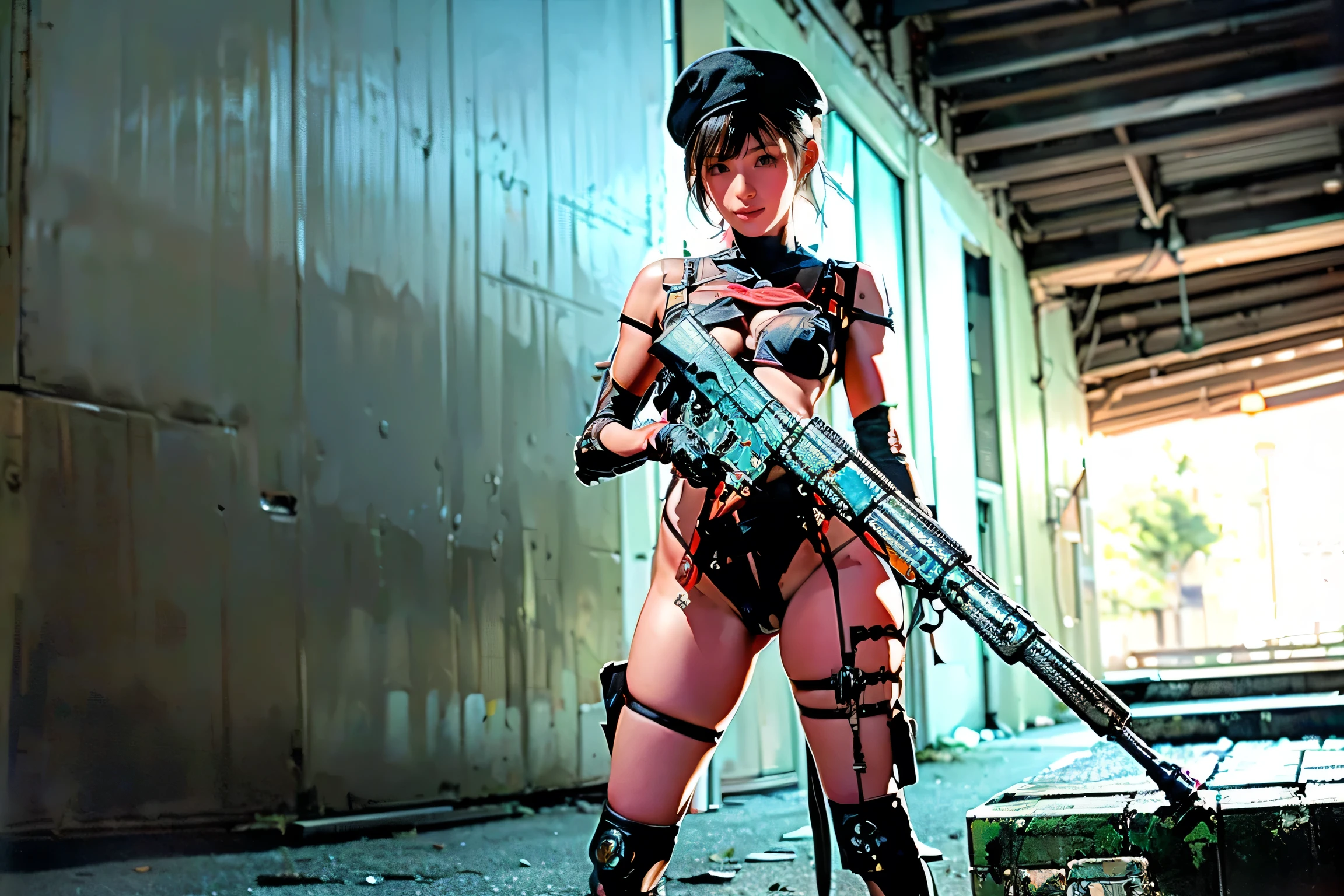 (one sexy woman),( muscularity:1.7), ( thighs:2), (Cammy, black hair with bangs:1.5), Beautiful Marked , detailed eyes , detailed skin, red lips, eyeshadow, ( big breasts:1.6), Hard nipples, (overhanging large areolas ),(Underboob:1.7),(sleeveless SWAT military style black leotard, gloves, black Beret:1.5), (ear monitor:1.5),(((Tactical Holster:1.5))),(Holding an futuristic LASER riffle),(wearing a black military jacket),(Upper body view), ( looking ), (¾ view ), Backstreets, rim lighting , two tone lighting, dimly illuminated ,(( expand your legs)),(( place your knees on the ground)),((Holding an The MP5 Submachine Gun:2.0)),Abandoned building Passage at midnight