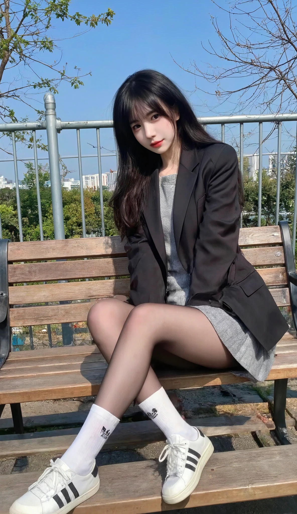 1girl,The image is a photograph taken outdoors,possibly in a park or public area,with a clear blue sky and lush greenery in the background. The subject is a young Asian woman with long,straight black hair,fair skin,and a slender physique. She is seated on a wooden bench with a casual,relaxed pose,leaning slightly to her right with her arms crossed. Her attire includes a black blazer over a grey sweater and a short grey skirt,paired with sheer black pantyhose and white athletic shoes with black stripes. She wears white socks that reach mid-calf,adding a playful touch to her look. The background features a metal fence and trees,with a serene atmosphere. The overall style is casual and modern,with a focus on youthful fashion.,
