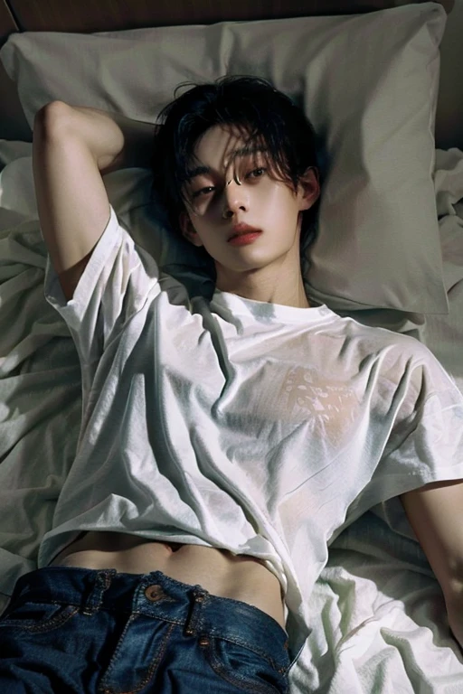 Boy lying on bed