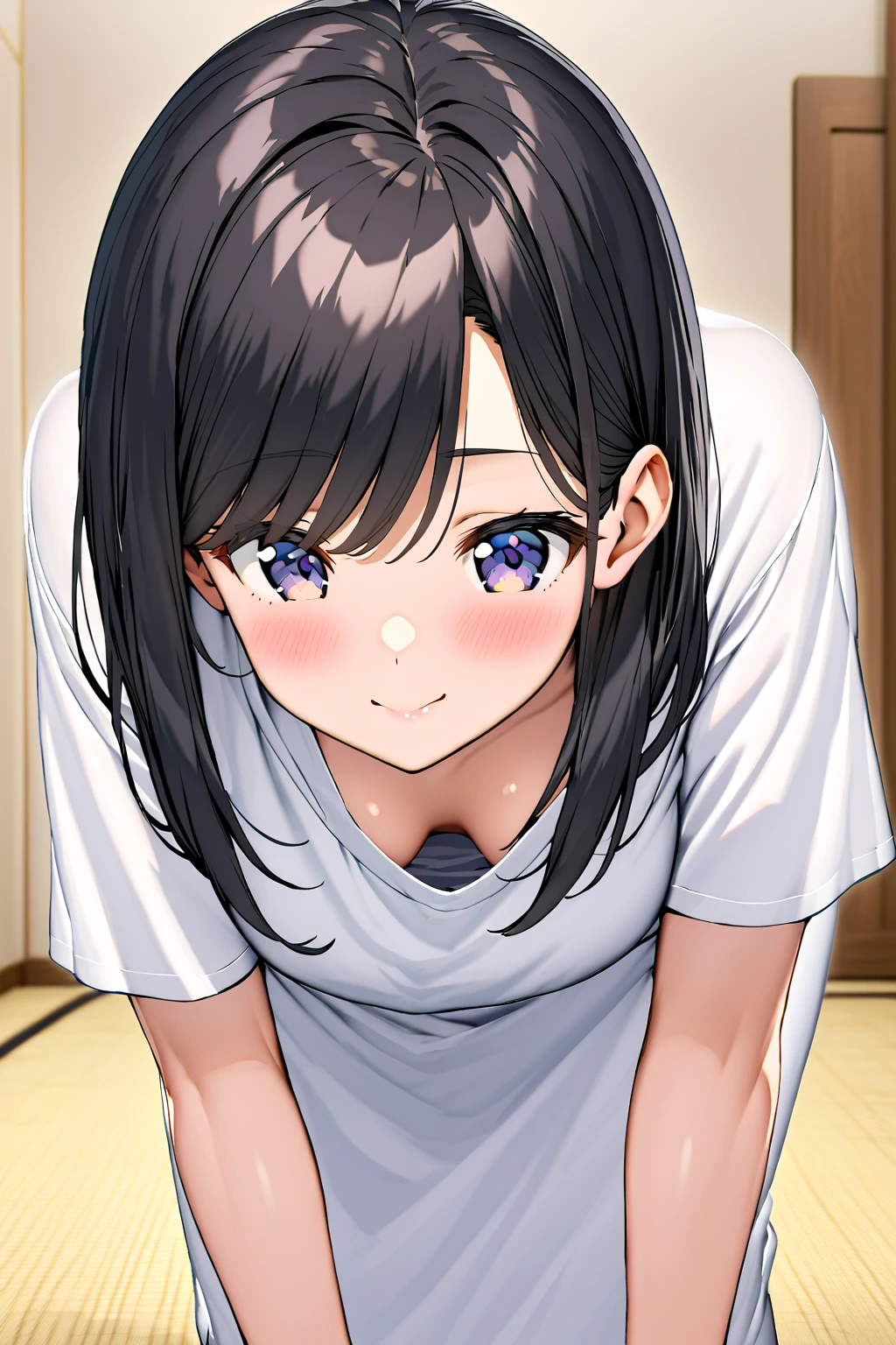 down blouse,oversized shirt,bent over,japanese mature female,medium straight hair,black hair,cute face,at