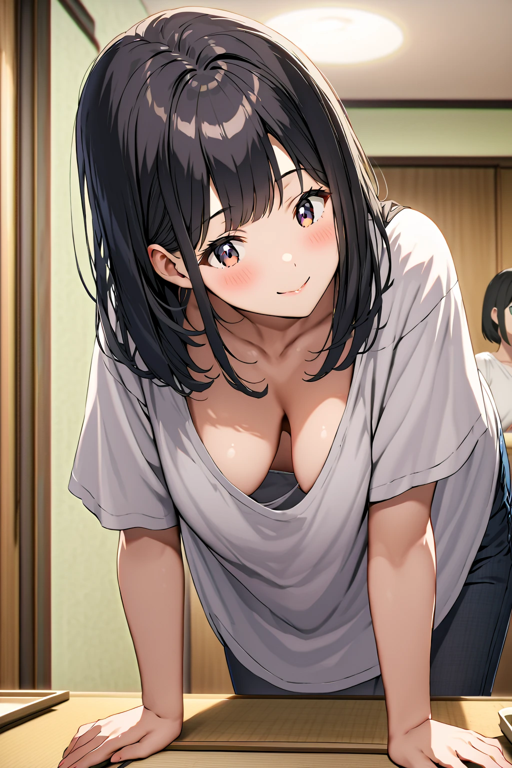 down blouse,oversized shirt,bent over,japanese mature female,medium straight hair,black hair,cute face,diningroom