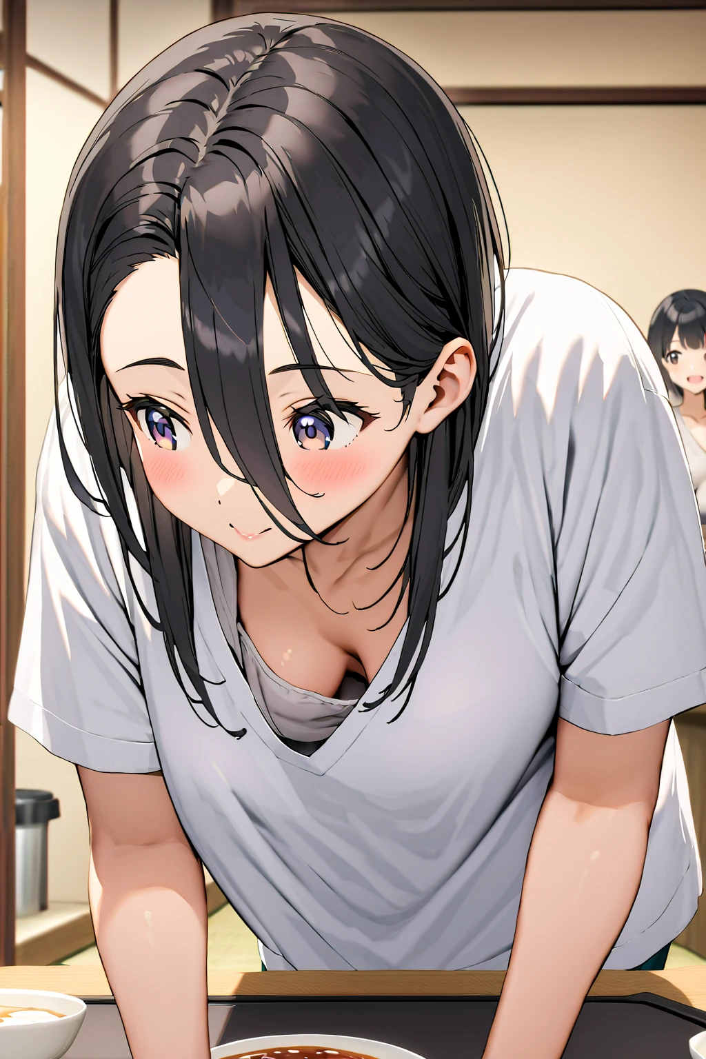 down blouse,oversized shirt,bent over,japanese mature female,medium straight hair,black hair,cute face,diningroom