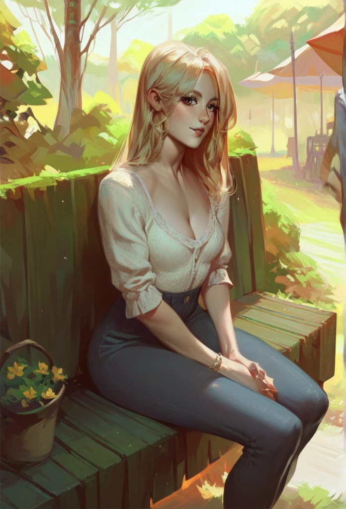 woman,  fair skin , blonde, thin. small.  long hair pants. Wearing short summer blouse. in the park.  Sitting on a bench .  looking at me. 